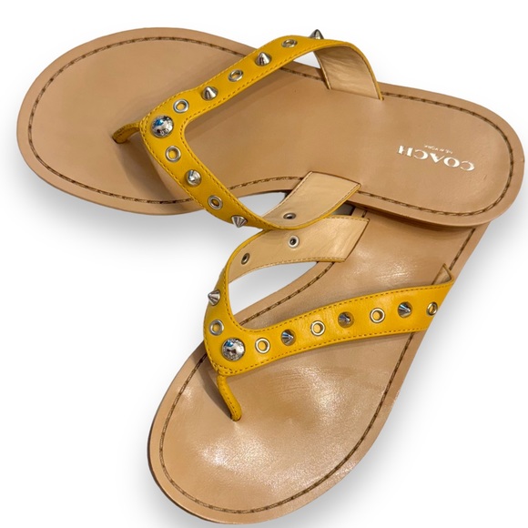 COACH Cottage Yellow Leather Silver Studded Sandals • Women’s Shoes Flip Flops - Picture 13 of 17
